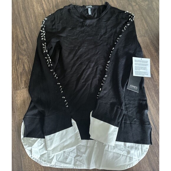 Jones New York Women's Embellished-Sleeve Shirttail Top Sweater Black White XS - Picture 4 of 5